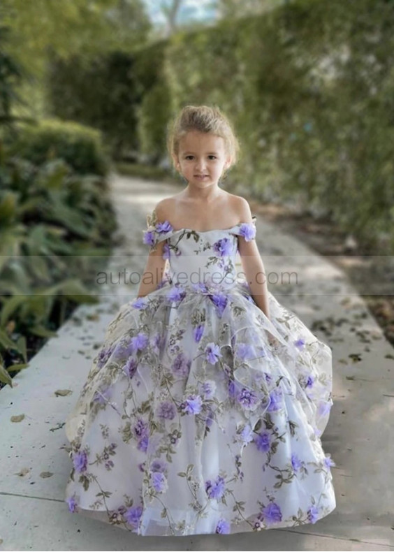 Off Shoulder Lavender Printed Organza 3D Floral Flower Girl Dress Off Shoulder Lavender Printed Organza 3D Floral Flower Girl Dress